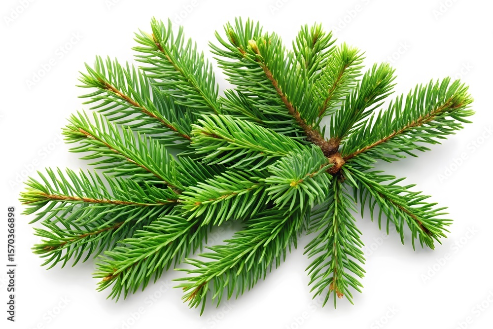 Poster a close up view of a vibrant green fir tree branch with sharp needles against a clean white backgrou