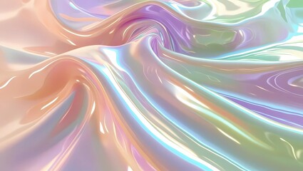 Fototapeta premium Abstract iridescent flowing surface with swirls, showing pastel hues and a glossy, smooth texture.