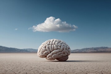 Cloud formation appearing above a human brain sculpture in dry desert land