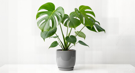 Modern Indoor Monstera Plant (Monstera deliciosa) in a Stylish Gray Pot on White Background - Trendy Low-Maintenance Houseplant for Contemporary Home and Office Decor, Natural Air Purifier and Tropica