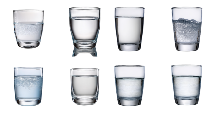 Various Glasses of Water Displaying Clear and Bubbly Liquid Forms, Bundle Set Collection, Isolated on Transparent Background
