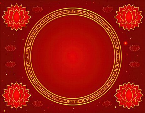 Red circle frame with lotus flowers