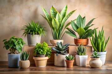 Fototapeta premium A diverse collection of healthy green houseplants displayed on wooden surfaces against a textured wall