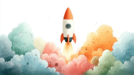 A colorful rocket launches upward, surrounded by vibrant clouds in soft pastel hues, symbolizing adventure and exploration.