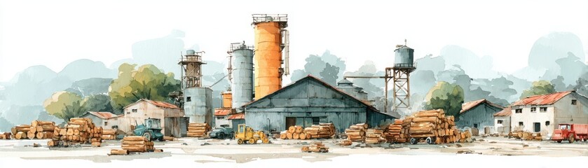 Obraz premium A watercolor illustration of a lumber mill with stacks of wood, industrial buildings, and machinery set against a backdrop of trees and cloudy sky.
