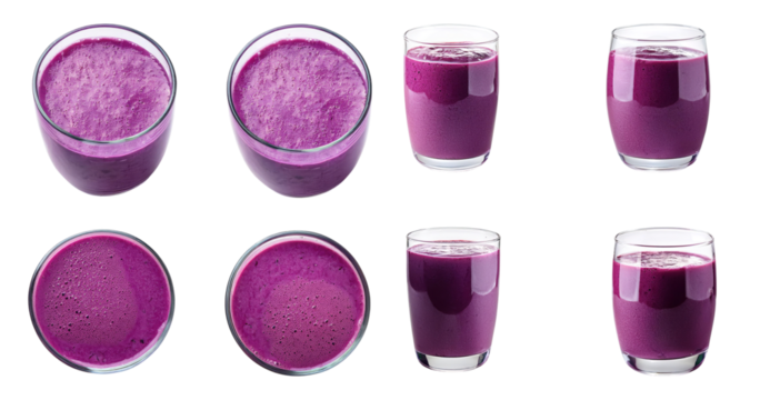 Varied Angles of Purple Smoothie in Glasses Against White Background, PNG bundle collection, Isolated on Transparent Background