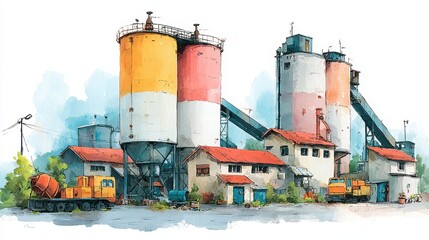 Obraz premium Industrial cement plant with silos, machinery, and small buildings illustrated in vibrant watercolor style.