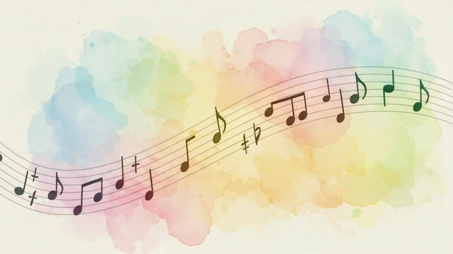 Musical notes dance across a colorful watercolor background, creating harmony