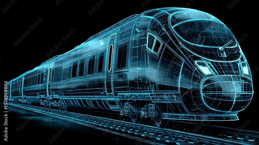 Poster high speed train wireframe on rails futuristic design
