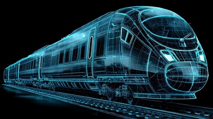 High Speed Train Wireframe on Rails Futuristic Design