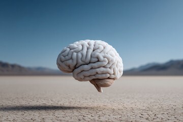 Human brain sculpture floating in midair over a dry white desert landscape under blue sky