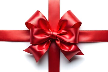 A luxurious red satin ribbon bow tied elegantly over a white background