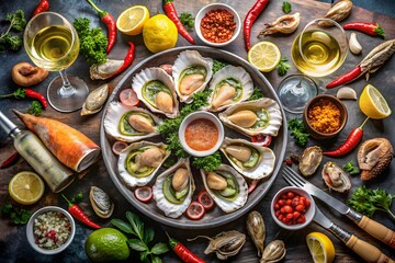 A luxurious platter of fresh oysters with wine and spicy accompaniments