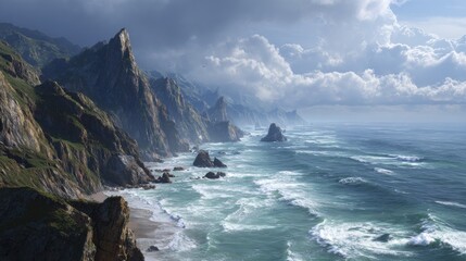 Obraz premium Rugged coastline with crashing waves and dramatic clouds ocean cliffs