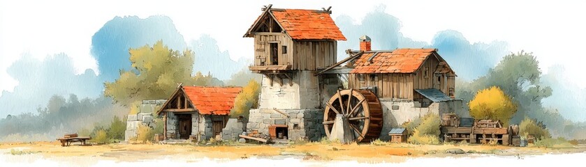 Fototapeta premium A picturesque watercolor painting of a rustic watermill with red roofs, wooden structures, and a large waterwheel surrounded by trees and open land.
