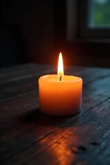 Serene Candlelight Glow Warm, Flickering Flame on Dark Wood, Peaceful Atmosphere Perfect for Relaxation and Meditation