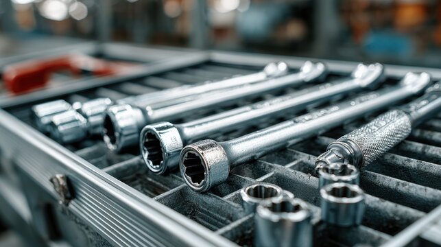 A close-up image of various shiny socket wrenches and tools neatly organized in a toolbox tray.