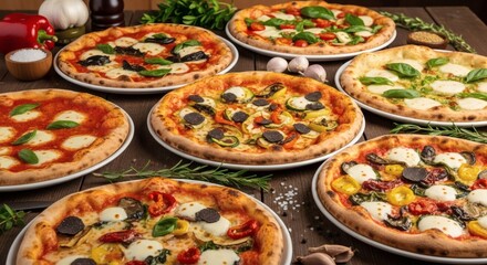 A spread of various gourmet pizzas with different toppings arranged on a wooden surface for serving