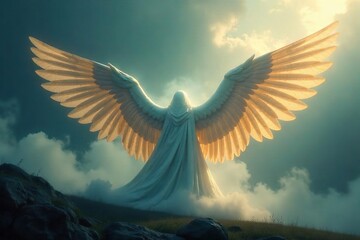 Ethereal Winged Being in Misty Realm Ancient Power and Celestial Beauty Unveiled