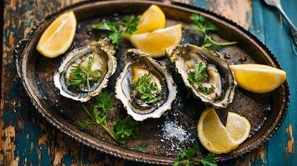 Serving Oysters with Lemon and Parsley on Rustic Platter