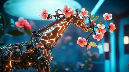 Futuristic robotic giraffe adorned with cherry blossoms in a vibrant, tech-inspired environment - Powered by Adobe
