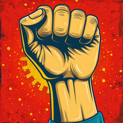 Bold vector illustration of raised fist in pop art style on red background