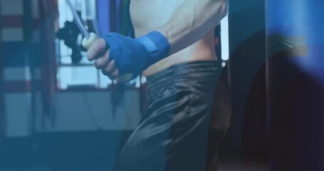 fitness athlete holding blue wrapped jump rope handles and skipping for gym endurance training - Powered by Adobe