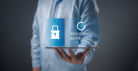 Digital security, data protection, and user authentication. Ideal for cybersecurity, privacy, and online access concepts. Person holding a tablet displays a holographic padlock and login interface.