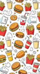 Seamless Food Pattern Burger Fries Drink Transparent Background Design
