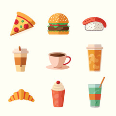 Food & Beverage Flat Icon Set – Minimalist Pizza, Sushi, Coffee & More (Vibrant Pastel UI/UX Vector Illustrations Editable)