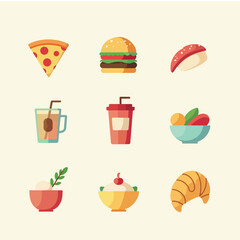 Food & Beverage Flat Icon Set – Minimalist Pizza, Sushi, Coffee & More (Vibrant Pastel UI/UX Vector Illustrations Editable)