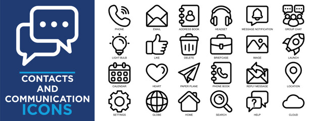 contacts and communication, communication, contact, web, phone, business icon set. Outline icons collection. Simple vector illustration