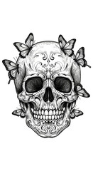 Skull with Butterflies Illustration Death Gothic Art Transparent Background