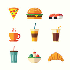 Food & Beverage Flat Icon Set – Minimalist Pizza, Sushi, Coffee & More (Vibrant Pastel UI/UX Vector Illustrations Editable)