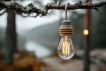 Light bulb hanging on a branch in outdoor setting symbolizing bright ideas in nature