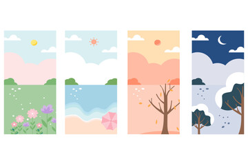 Four Seasons Landscape Illustration – Flat Nature Scene Vector Set for Spring, Summer, Autumn, Winter.