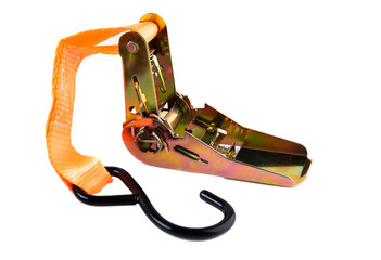 Industrial ratchet mechanism with attached orange tie-down strap and black hook, displayed on...