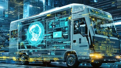 Futuristic van with digital overlays in city. - Powered by Adobe