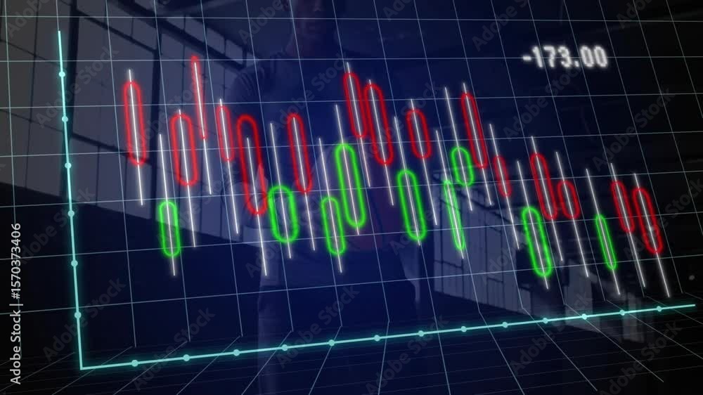 Poster data values animating 3d candlestick chart overlaying office while man monitoring finance on tablet