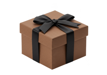 Isolated Glittery Brown Gift Box Tied with Black Bow Transparent
