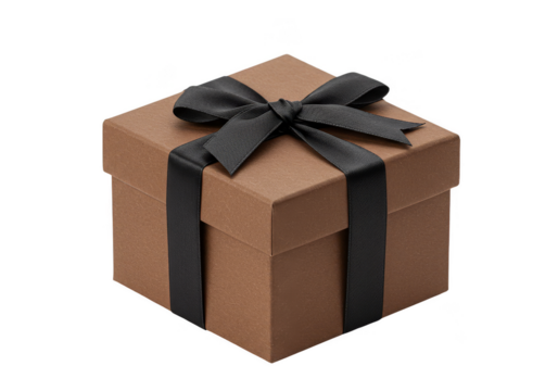 Isolated Glittery Brown Gift Box Tied with Black Bow Transparent