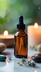 Calming Aromatherapy Close-up of Essential Oil Bottle with Dropper, Candles, and Stones ? Perfect for Wellness, Spa, and Natural Product Marketing