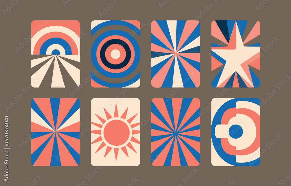 Poster a collection of eight abstract geometric shapes and patterns in a retro color palette of coral blue 