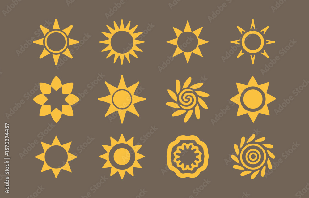 Fototapete a collection of twelve stylized sun icons in various designs and shapes all rendered in a warm yello