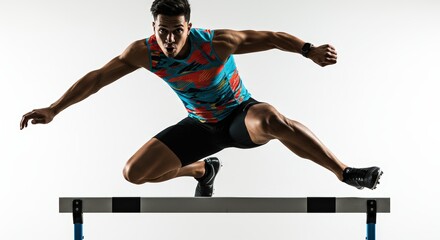 Athletic Man Leaping Over Hurdle with Intense Focus and Determination