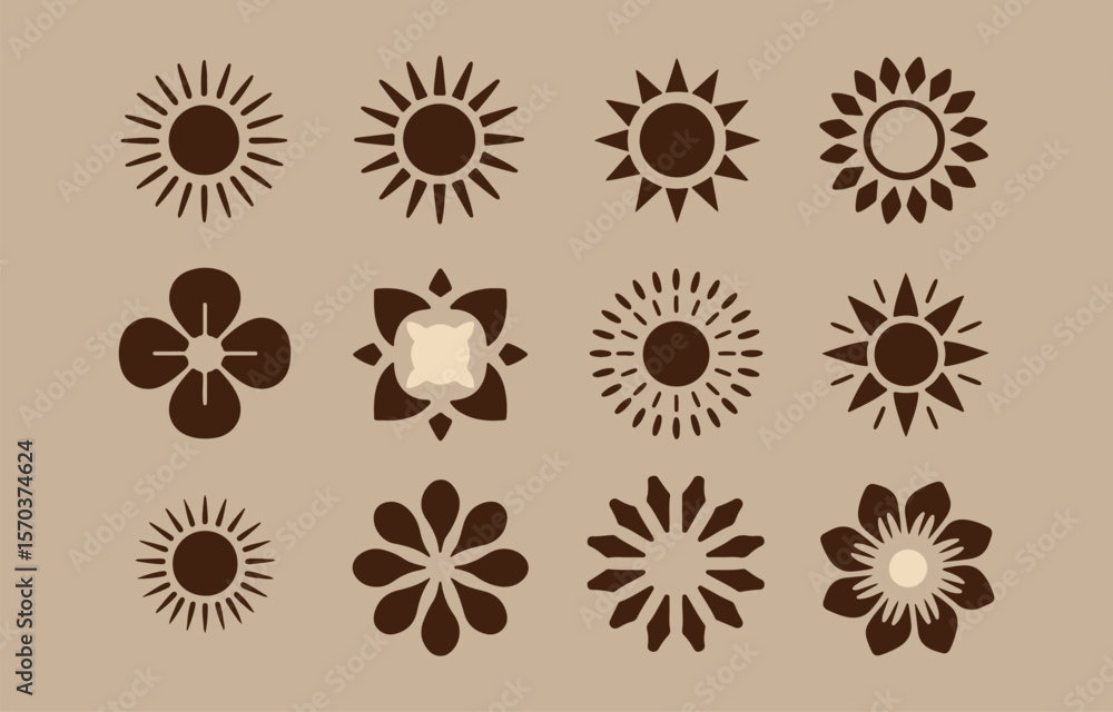 Poster a collection of twelve stylized sun and flower icons in various designs and patterns presented in a 