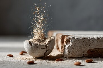 Shattered Stone Egg A Surreal Exploration of Fragility and Renewal, Almond Dust Explodes in Artistic Still Life Photography