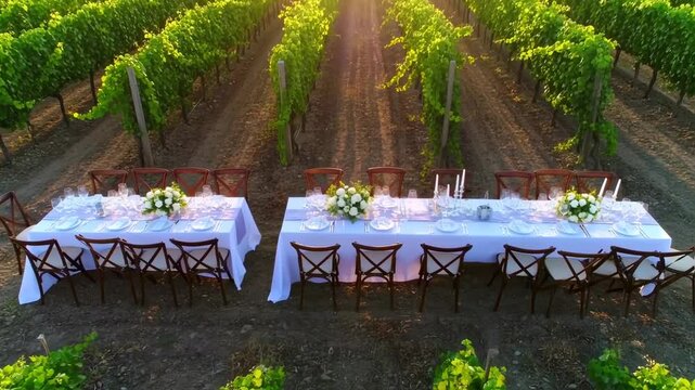 Outdoor tables in lush greenery