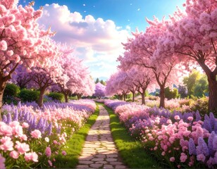 Obraz premium A vibrant garden path lined with blooming pink cherry blossom trees and colorful flowers under a bright blue sky with fluffy clouds.