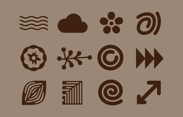 Collection of twelve simple brown graphic icons including waves cloud flower spiral leaf square and arrows on a neutral taupe background